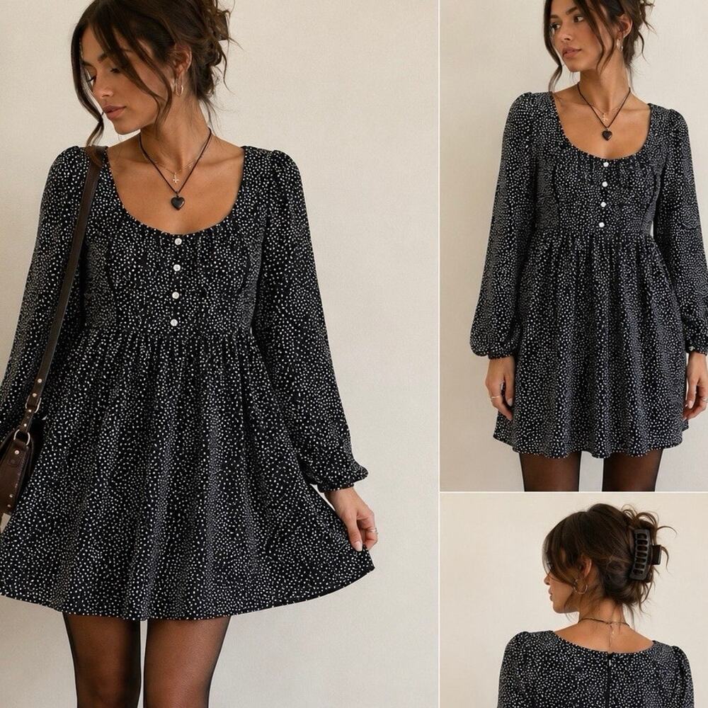 MINKPINK Sz. M Y2K Black White Polka Dot Babydoll Mini Dress Indie Sleaze Puff